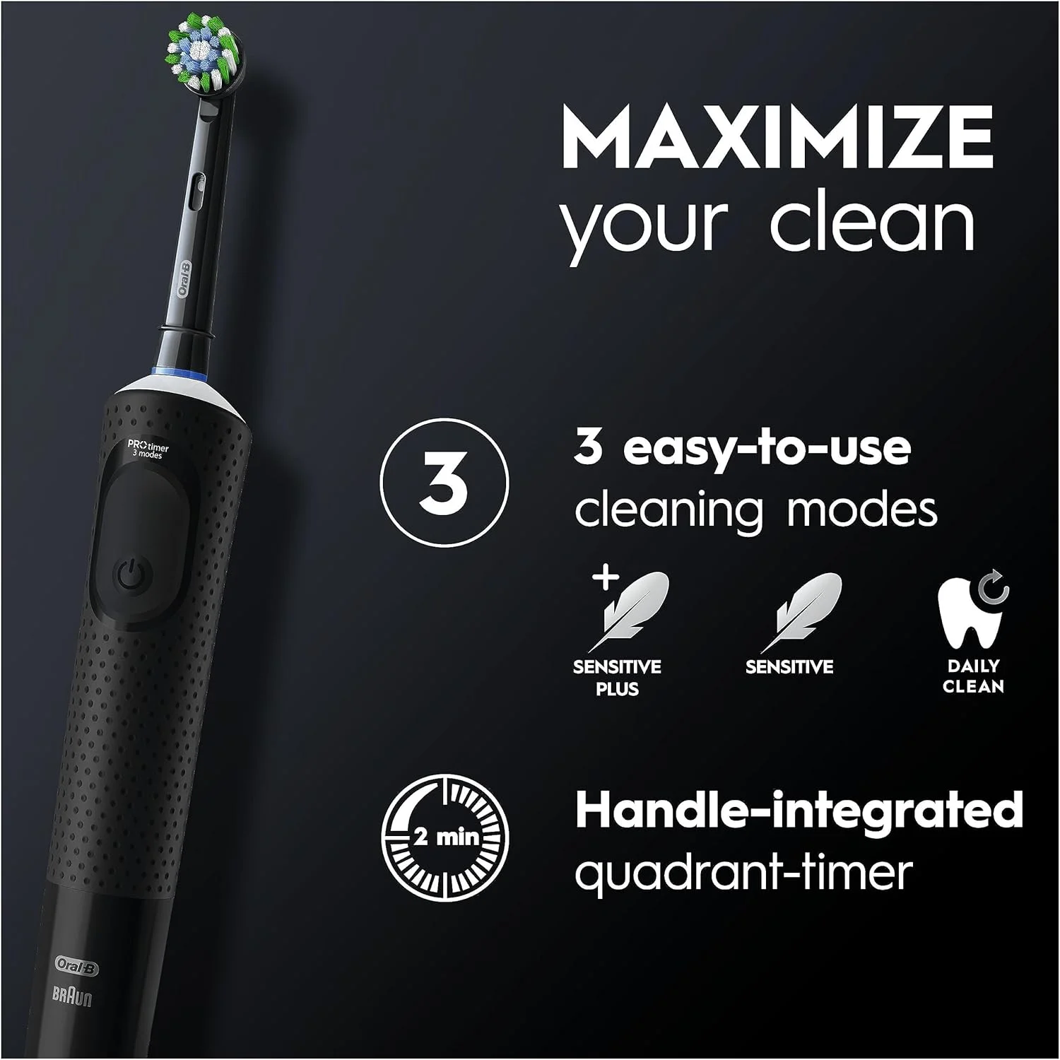 Oral-B Vitality Pro Electric Toothbrush, 1 Handle, 2 Toothbrush Heads, 3 Brushing Modes Including Sensitive Plus, 2 Pin UK Plug, Black Oral-B Vitality Pro Electric Toothbrush, 1 Handle, 2 Toothbrush Heads, 3 Brushing Modes Including Sensitive Plus, 2 Pin UK Plug, Black