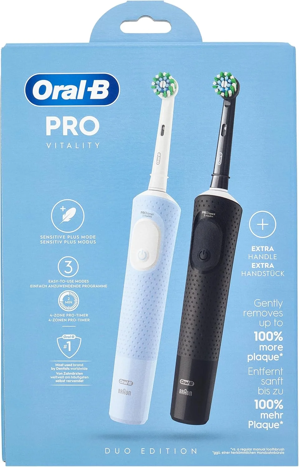 مسواک برقی اورال-بی Vitality Pro، بسته دوتایی، 3 حالت تمیز کردن برای مراقبت از دندان، طراحی شده توسط براون، آبی/مشکی
