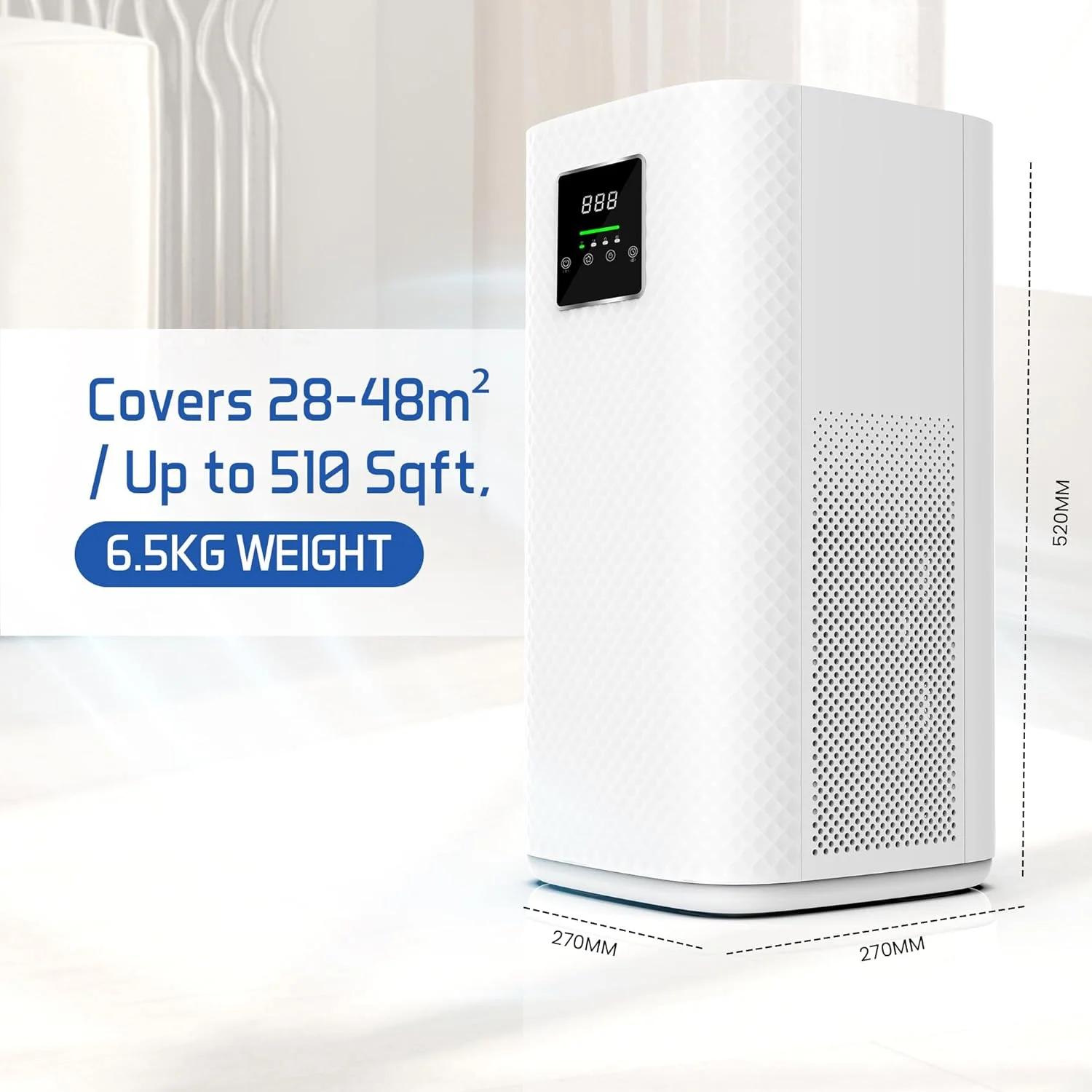 دستگاه تصفیه هوا برای خانه، اتاق بزرگ و دفاتر، از بین برنده گرد و غبار، بو، دود، دارای تایمر و حالت خواب، صفحه نمایش LED، پوشش تا 48 متر مربع، شامل فناوری فیلتر 3 در 1 HEPA، نرخ تحویل هوای پاک 400 متر مکعب در ساعت، H13