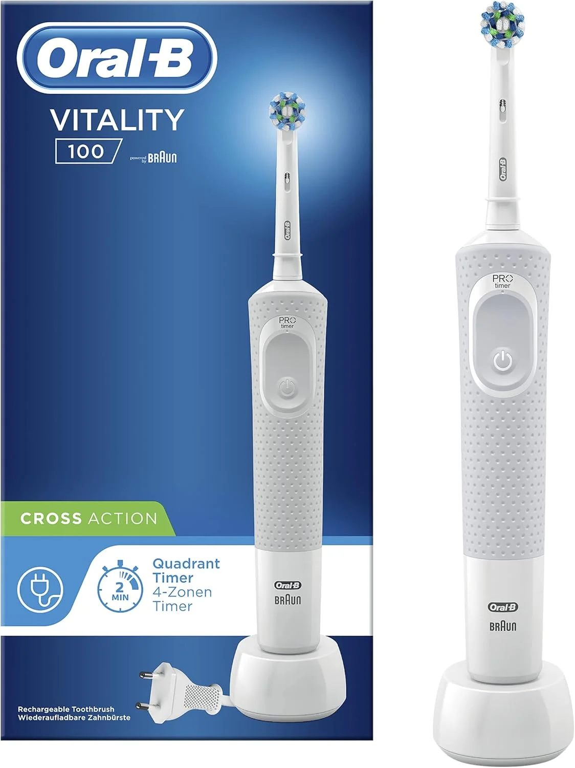 مسواک برقی شارژی Oral-B Vitality 100، سفید (با دوشاخه سه پین اماراتی)