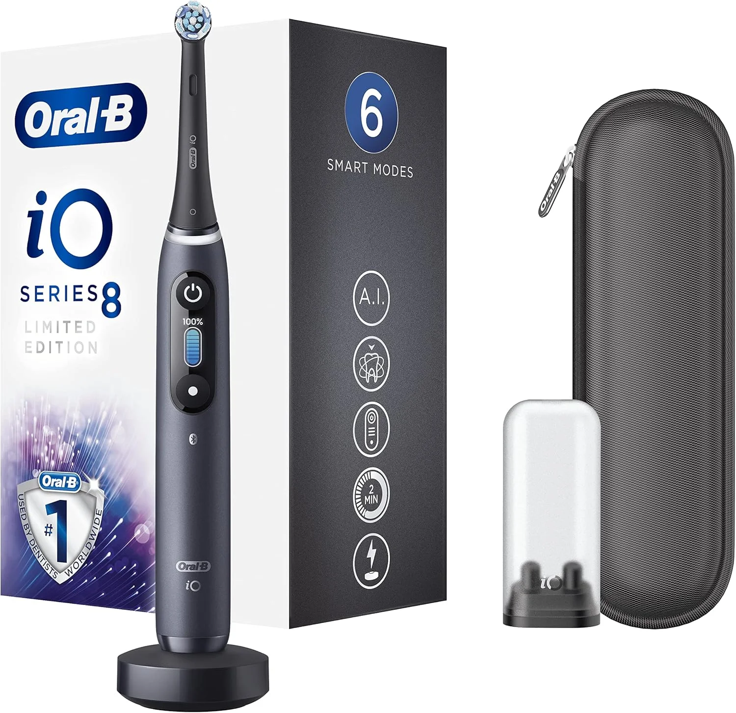مسواک برقی بزرگسالان Oral-B iO8، هدیه برای زنان/مردان، دسته متصل به برنامه، 1 عدد سری مسواک و کیف مسافرتی، 6 حالت با سفید کننده دندان، دوشاخه 2 پین UK، نسخه محدود