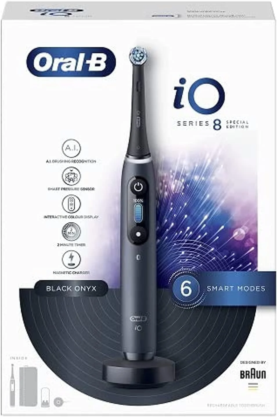 مسواک برقی بزرگسالان Oral-B iO8، هدیه برای خانم ها/آقایان، دسته متصل به برنامه، 1 سری مسواک Ultimate Clean و کیف مغناطیسی، 6 حالت، سفید کننده دندان، دوشاخه 2 پین بریتانیا