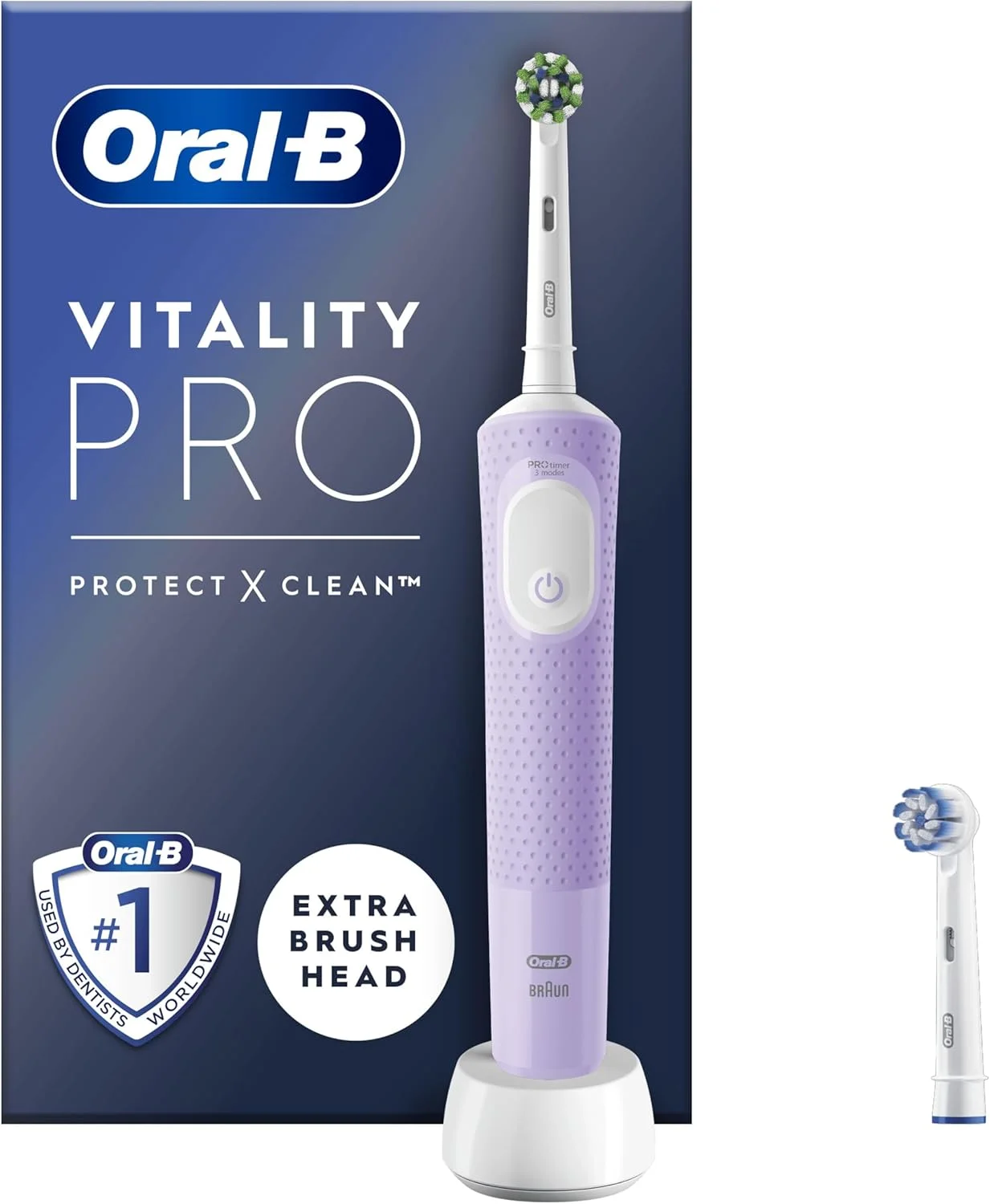 مسواک برقی بزرگسالان Oral-B Pro Vitality "نسخه سفید کننده"، 1 دسته، 2 سر مسواک، 3 حالت مسواک زدن شامل حالت حساس پلاس، دوشاخه 2 پین بریتانیا، بنفش (بسته بندی ممکن است متفاوت باشد)