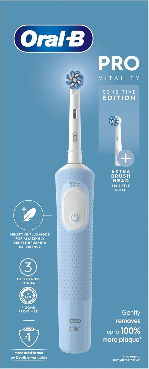 مسواک برقی بزرگسالان Oral-B Vitality Pro، 1 دسته، 2 سری مسواک، 3 حالت مسواک زدن شامل حالت حساس پلاس، دوشاخه 2 پین UK، آبی