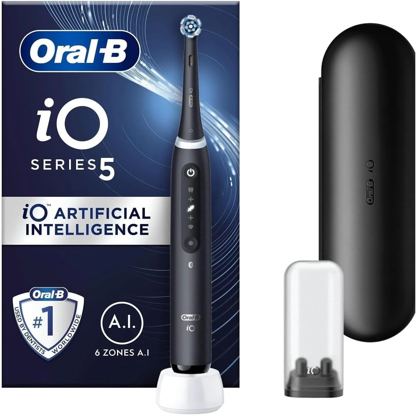 مسواک برقی بزرگسالان Oral-B iO5، هدیه روز ولنتاین برای او/او، 1 عدد سری مسواک و کیف مسافرتی، 5 حالت با سفید کننده دندان، دوشاخه بریتانیایی، مشکی، بسته بندی ممکن است متفاوت باشد
