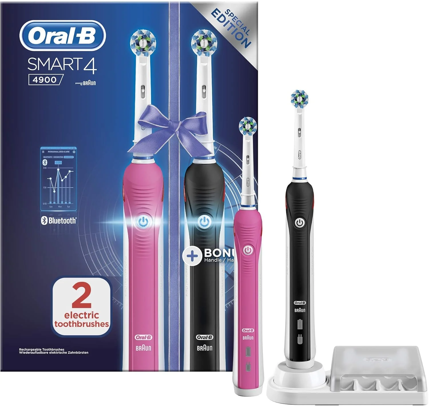مسواک برقی هوشمند Oral-B Smart 4، 2 عددی، مناسب بزرگسالان، هدیه روز مادر برای خانم ها/آقایان، دسته های متصل به اپلیکیشن و 2 عدد سری مسواک، 3 حالت با قابلیت سفید کردن دندان، دوشاخه UK، 4900، صورتی/مشکی