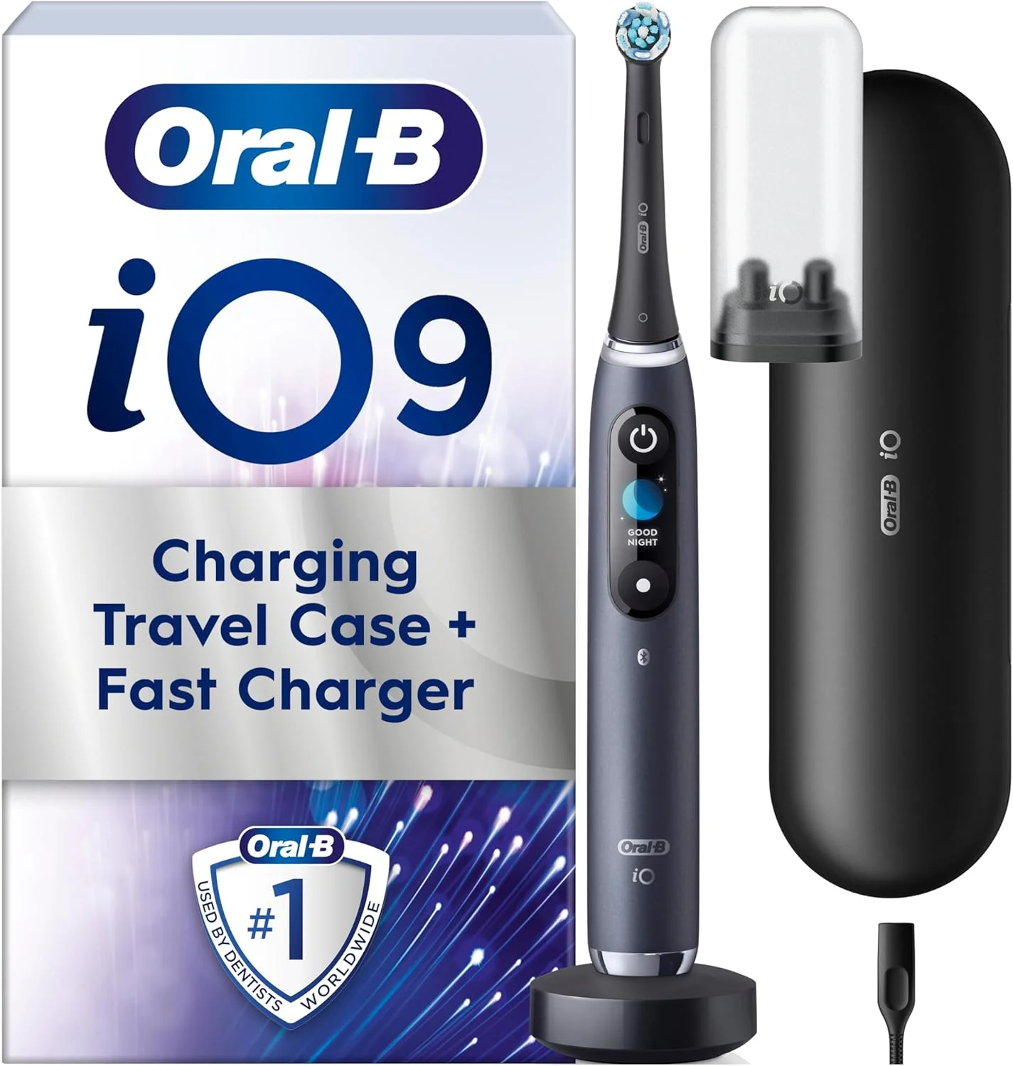 مسواک برقی شارژی اورال-بی iO - 9 طراحی شده توسط Braun، 1 دسته مشکی با کیفیت بالا با استفاده از فناوری مغناطیسی انقلابی، صفحه نمایش رنگی، 1 سر مسواک، 1 کیف مسافرتی شارژ