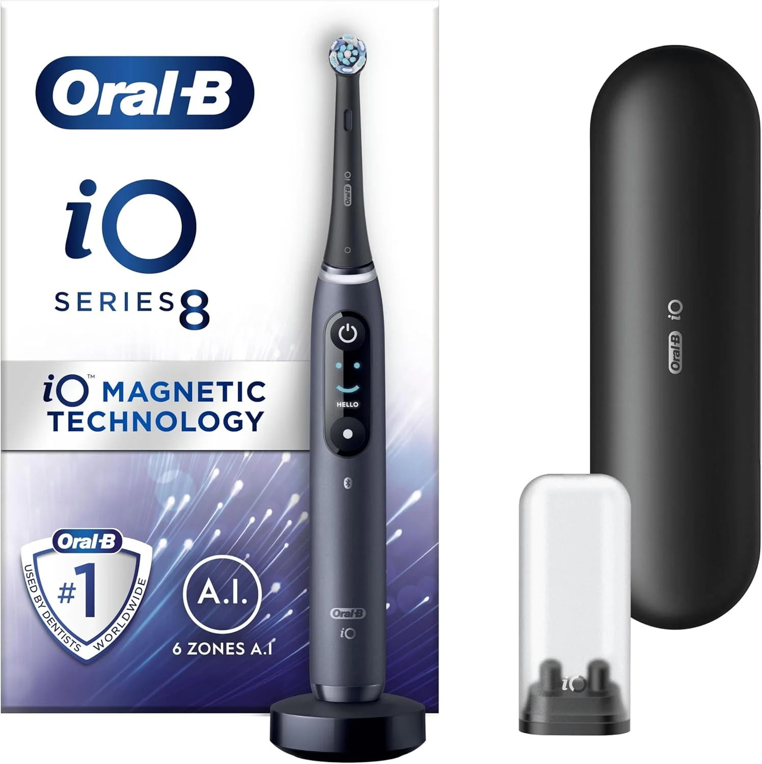 مسواک برقی شارژی Oral-B Special Edition iO-8 طراحی شده توسط Braun، 1 دسته مشکی با طراحی عالی با استفاده از فناوری مغناطیسی انقلابی، صفحه نمایش رنگی، 1 سر مسواک، کیف مسافرتی