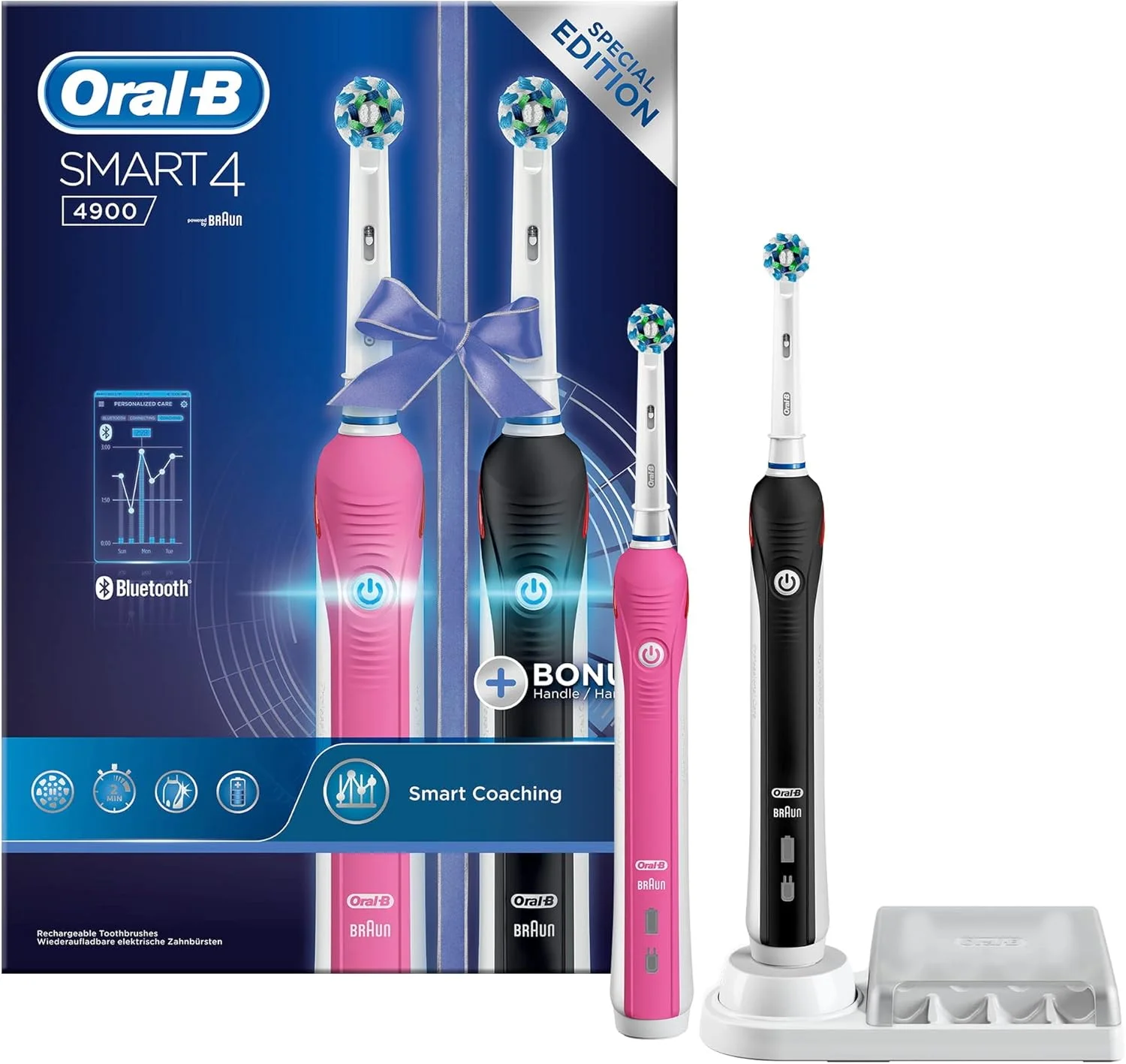 مسواک برقی هوشمند Oral-B Smart 4، 2 عددی، مناسب بزرگسالان، هدیه روز مادر برای خانم ها/آقایان، دسته های متصل به اپلیکیشن و 2 عدد سری مسواک، 3 حالت با قابلیت سفید کردن دندان، دوشاخه UK، 4900، صورتی/مشکی