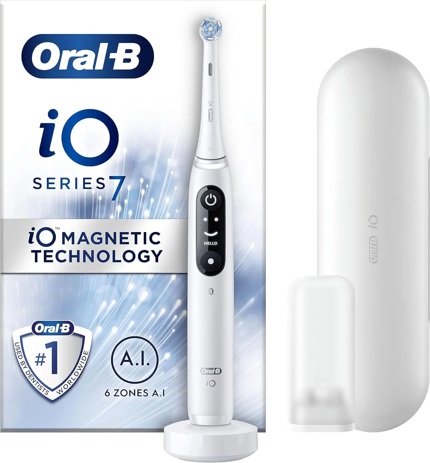 مسواک برقی Oral-B iO7 با فناوری مغناطیسی انقلابی، دسته متصل به برنامه، 1 سر مسواک و کیف مسافرتی، 5 حالت با سفید کننده دندان، ست هدیه، سفید، [همراه با دوشاخه UK]