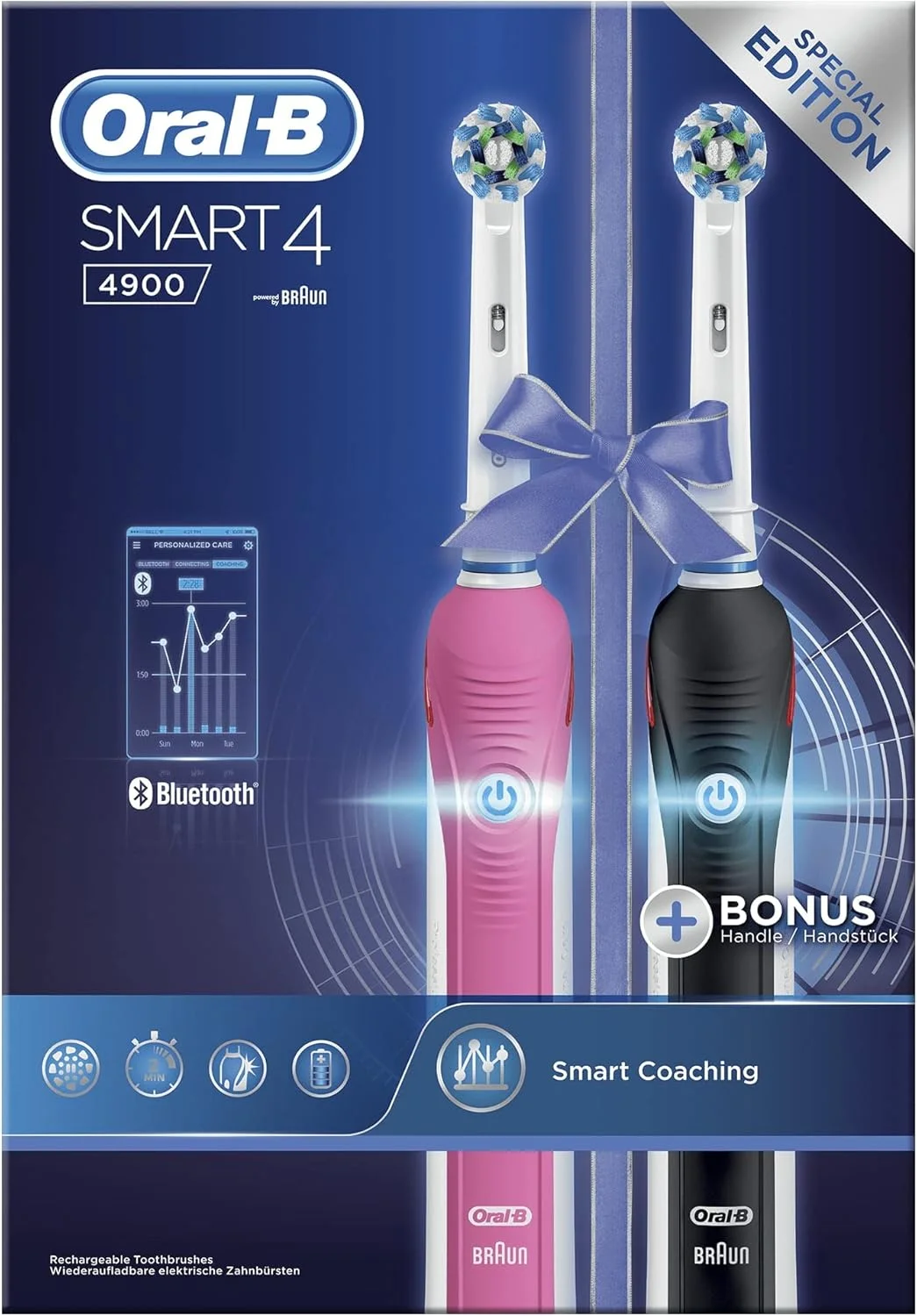 مسواک برقی هوشمند Oral-B Smart 4، 2 عددی، مناسب بزرگسالان، هدیه روز مادر برای خانم ها/آقایان، دسته های متصل به اپلیکیشن و 2 عدد سری مسواک، 3 حالت با قابلیت سفید کردن دندان، دوشاخه UK، 4900، صورتی/مشکی