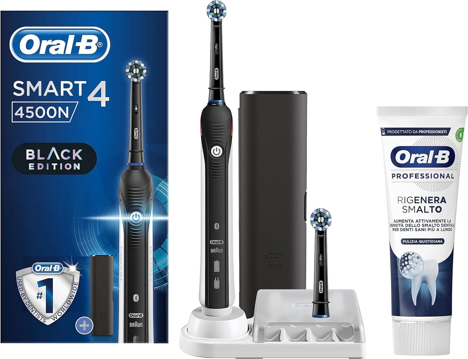 مسواک برقی شارژی هوشمند Oral-B مدل Smart 4 4500N، دارای 2 سری، 1 مسواک، 1 جعبه مسافرتی و 1 خمیر دندان، باتری با ماندگاری تا 2 هفته، نسخه مشکی