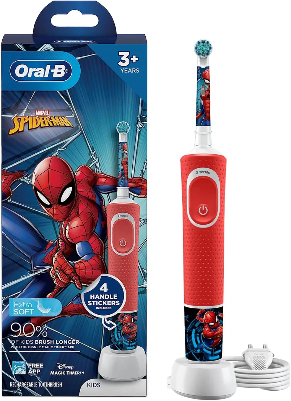 مسواک برقی چرخشی شارژی کودکانه Oral-B طرح مرد عنکبوتی، 2 حالت مسواک زدن (روزانه و حساس)، تایمر 2 دقیقه ای با Quadpacer، مقاوم در برابر آب IPX7، سر برس گرد