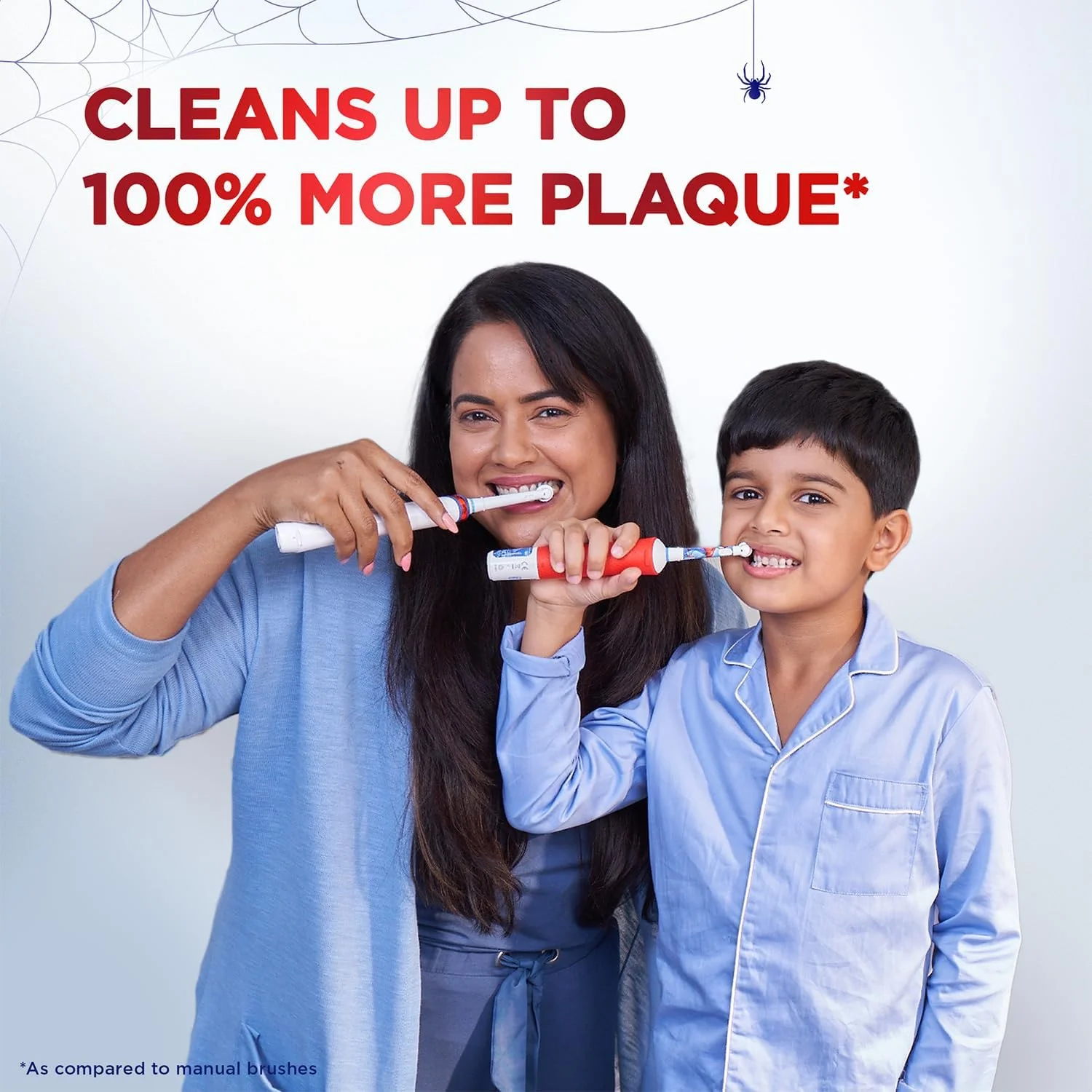 مسواک برقی چرخشی شارژی کودکانه Oral-B طرح مرد عنکبوتی، 2 حالت مسواک زدن (روزانه و حساس)، تایمر 2 دقیقه ای با Quadpacer، مقاوم در برابر آب IPX7، سر برس گرد