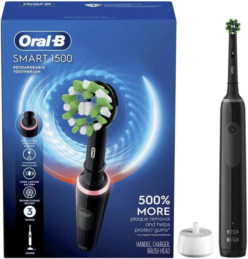 مسواک برقی شارژی اورال-بی مدل Smart 1500، مشکی با سنسور فشار قابل مشاهده برای محافظت از لثه - 3 حالت - تایمر 2 دقیقه ای - تمیز کننده عمیق