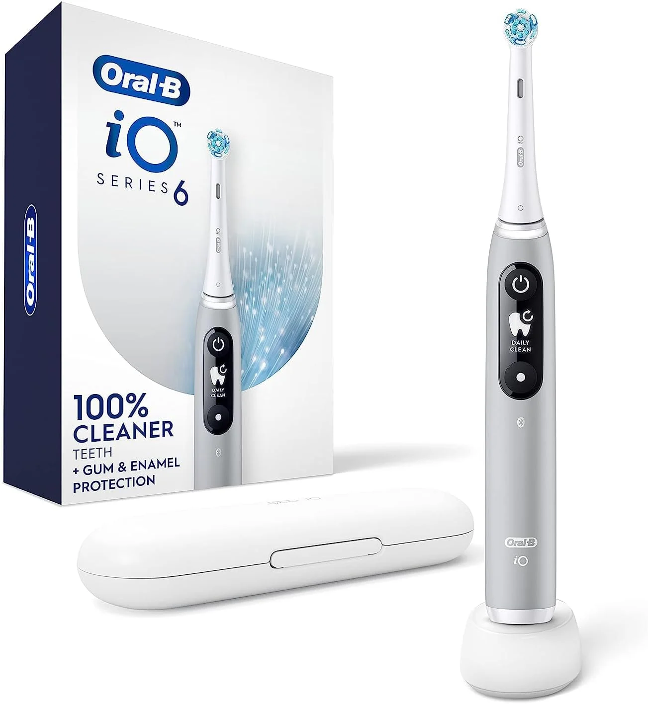 مسواک برقی شارژی Oral-B iO Series 6 با حسگر فشار قابل مشاهده برای محافظت از لثه، تایمر 2 دقیقه‌ای، 5 حالت تمیز کردن، 1 سری مسواک جایگزین و کیف مسافرتی، خاکستری اوپال