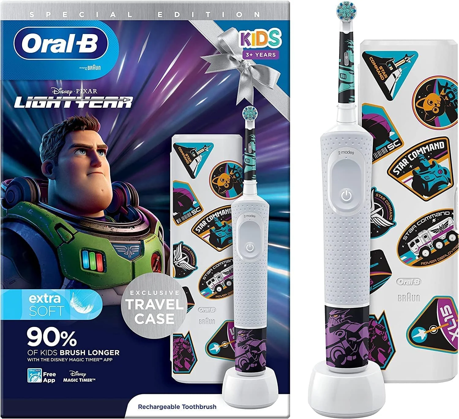 مسواک برقی کودکانه Oral-B، هدیه کریسمس برای کودکان، 1 عدد سری مسواک، جعبه مسافرتی، 4 عدد استیکر Disney Lightyear 2، 2 حالت با حالت حساس مناسب کودکان، برای سنین 3 سال به بالا، دوشاخه 2 پین UK، سفید