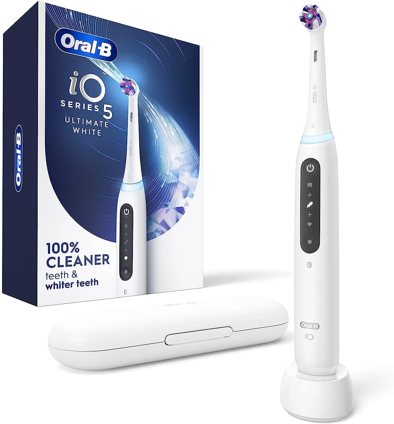 مسواک برقی شارژی Oral-B iO Series 5 Ultimate White با حسگر فشار قابل مشاهده، تایمر 2 دقیقه ای، 5 حالت تمیز کردن، 1 عدد سری مسواک جایگزین و کیف مسافرتی، سفید