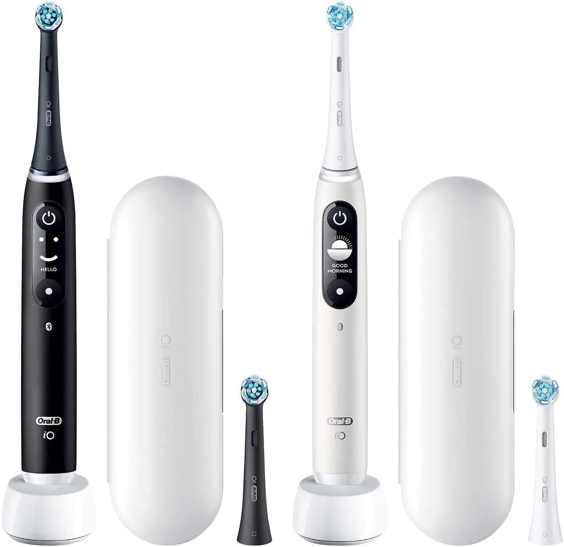مسواک برقی شارژی Oral-B iO Ultimate Clean، مجموعه 2 عددی شامل 2 دسته، 2 شارژر، 4 سری برس، 2 کیف مسافرتی و بلوتوث (سیاه + سفید)