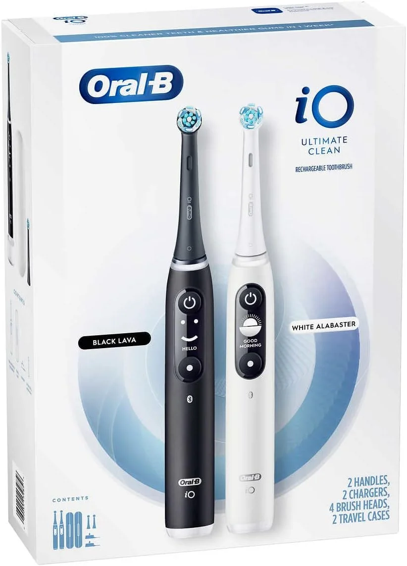 مسواک برقی شارژی Oral-B iO Ultimate Clean، مجموعه 2 عددی شامل 2 دسته، 2 شارژر، 4 سری برس، 2 کیف مسافرتی و بلوتوث (سیاه + سفید)