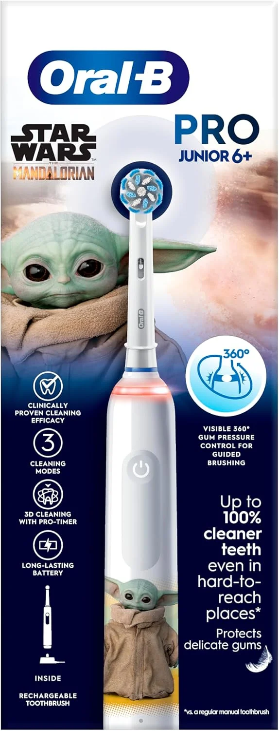 مسواک برقی کودکانه Oral-B Pro Junior، 1 دسته جنگ ستارگان، 1 سری مسواک، طراحی شده توسط Braun، برای سنین 6 سال به بالا