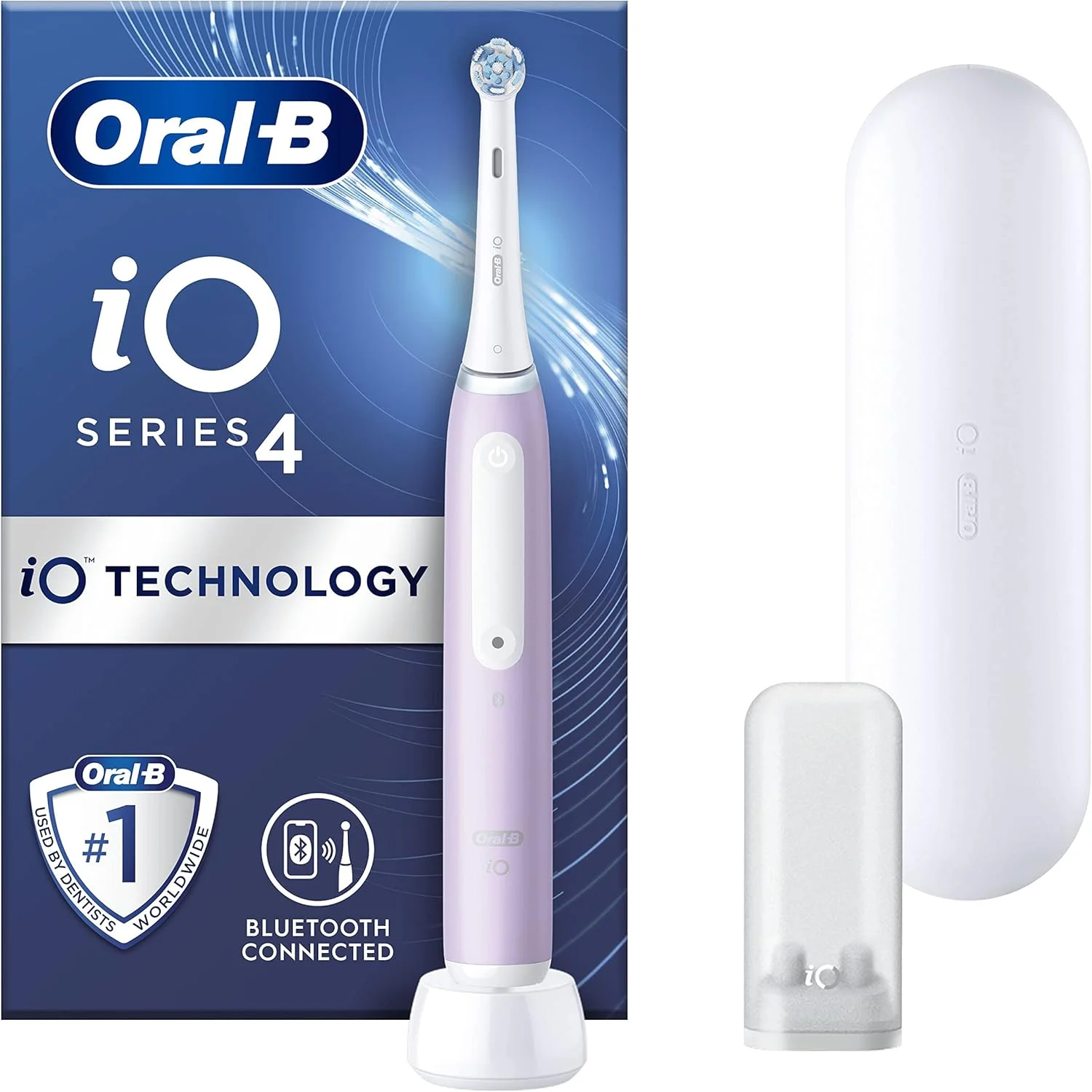 مسواک برقی بزرگسالان Oral-B iO4، دارای 1 سری مسواک، کیف مسافرتی و نگهدارنده سری مسواک، 4 حالت با قابلیت سفید کردن دندان، دوشاخه 2 پین بریتانیا، اسطوخودوس