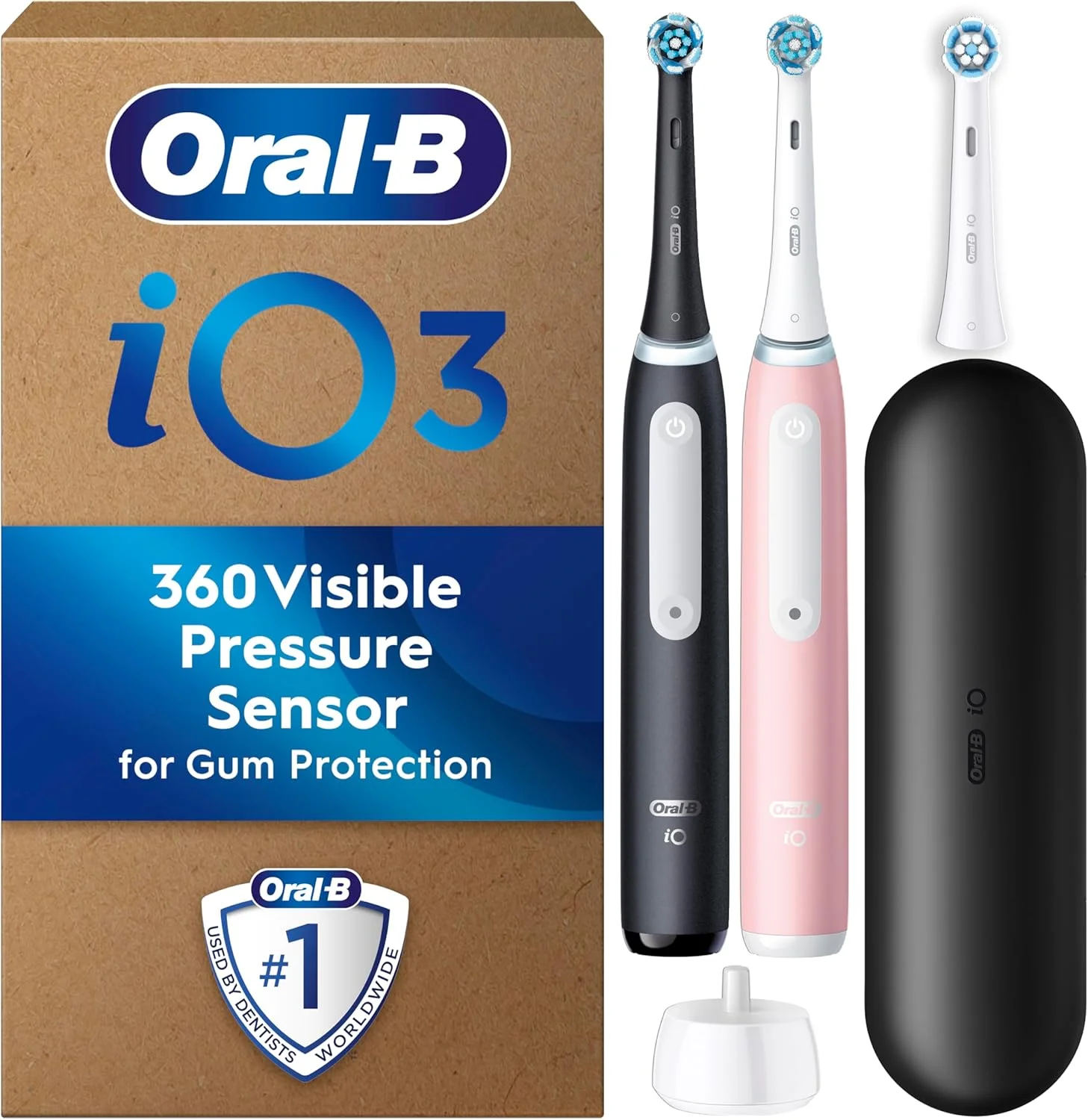 مسواک برقی دوتایی Oral-B iO 3، صورتی و مشکی، 3 سری مسواک، 1 کیف مسافرتی، طراحی شده توسط Braun