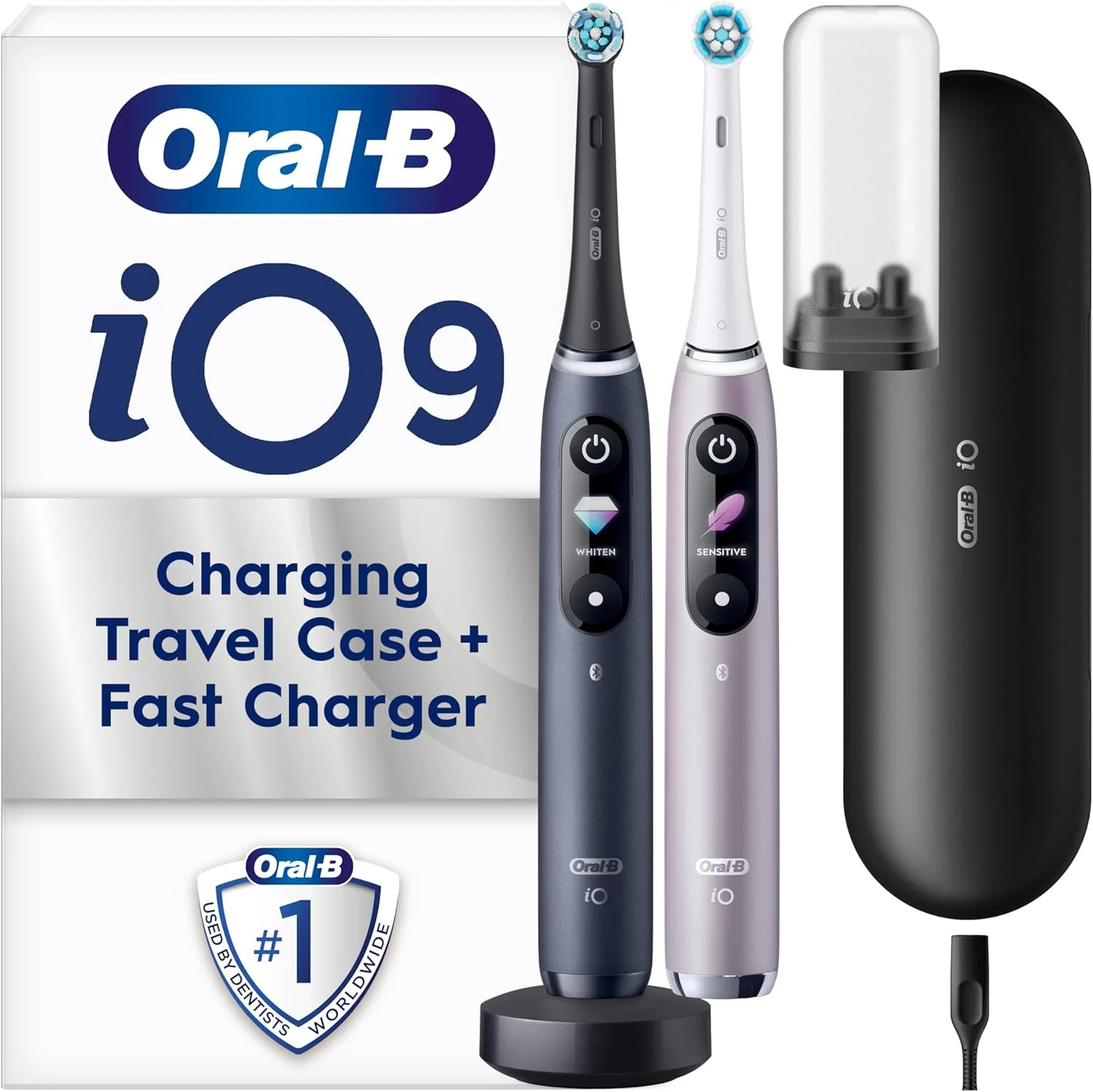 مسواک برقی بزرگسالان Oral-B iO9، 2 عدد، مسواک برقی Oral B، هدیه برای زنان/مردان، 2 سری مسواک و جعبه مسافرتی شارژ، 7 حالت با سفید کننده دندان، دوشاخه 2 پین UK، مشکی