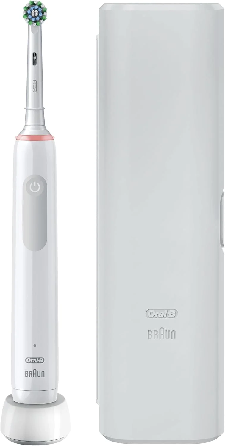 مسواک برقی بزرگسالان Oral-B Pro 3، مسواک برقی Oral B، هدیه برای زنان یا مردان، 1 عدد سری مسواک Cross Action و کیف مسافرتی، 3 حالت با سفید کننده، دوشاخه 2 پین UK، 3500، سفید