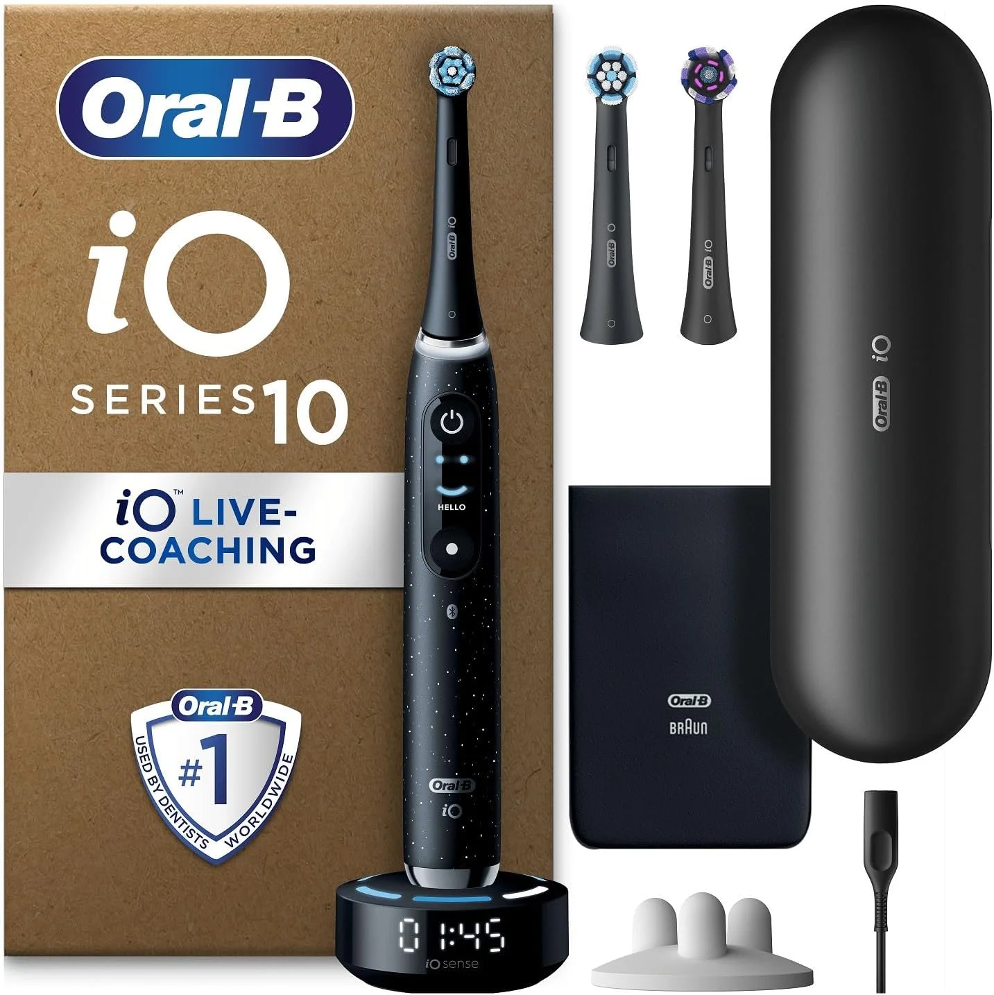 مسواک برقی بزرگسالان Oral-B iO10، هدیه برای خانم ها/آقایان، 1 دسته، 3 سر مسواک، جعبه مسافرتی شارژ شونده، نگهدارنده سر مسواک، 7 حالت، دوشاخه 2 پین UK، مشکی کیهانی، مسواک Oral B IO
