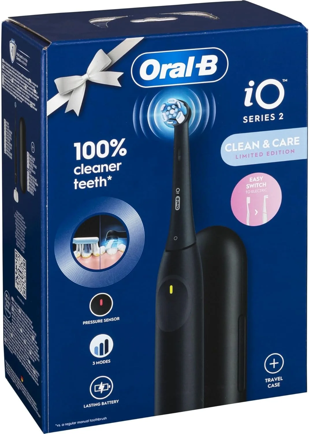 Oral-B iO Series 2 Electric Toothbrush, 1 Replacement Brush, 3 Cleaning Modes for Dental Care, Magnetic Technology, Travel Case, Designed by Braun, Night Black