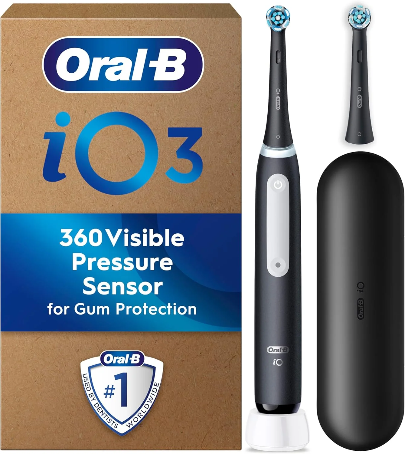 Oral-B iO3 Electric Toothbrush, 2 Toothbrush Heads, Pressure Sensor, Toothbrush for Adults with Travel Case, Gift Ideas for Him/Her, Matt Black
