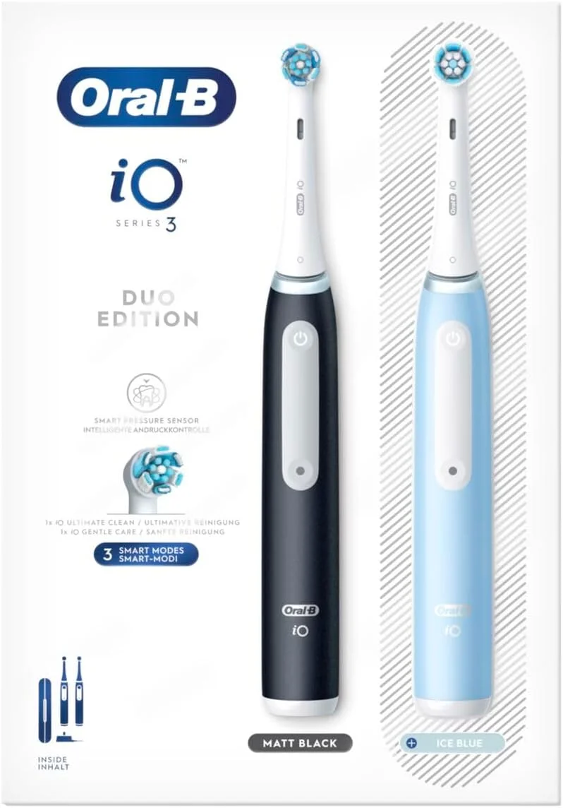 Oral-B iO Series 3 Electric Toothbrush, Double Pack, 2 Replacement Brushes, 3 Cleaning Modes for Dental Care, Magnetic Technology, Travel Case, Designed by Braun, Matt Black/Ice Blue