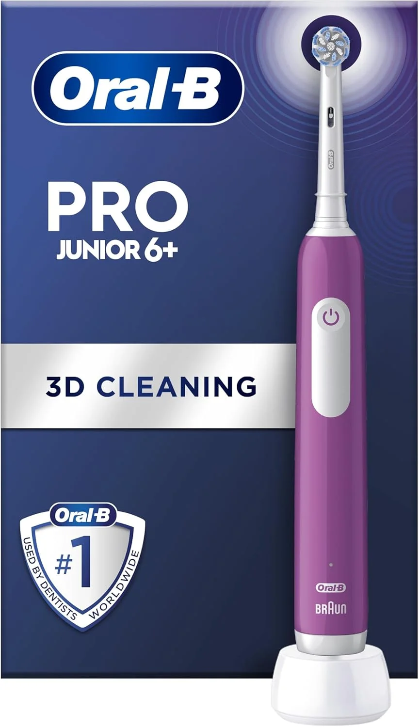 مسواک برقی کودکانه Oral-B Pro Junior، 1 سری مسواک، 3 حالت با حالت حساس مناسب کودکان، برای سنین 6 سال به بالا، دوشاخه UK، بنفش