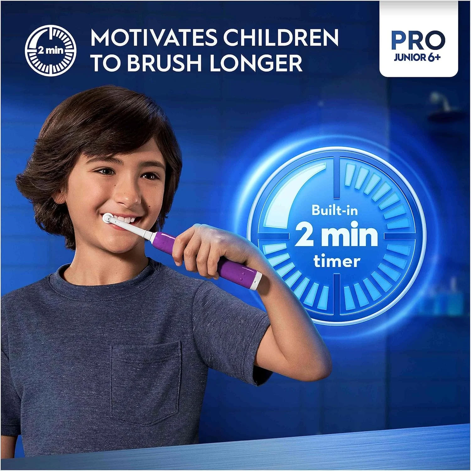 مسواک برقی کودکانه Oral-B Pro Junior، 1 سری مسواک، 3 حالت با حالت حساس مناسب کودکان، برای سنین 6 سال به بالا، دوشاخه UK، بنفش