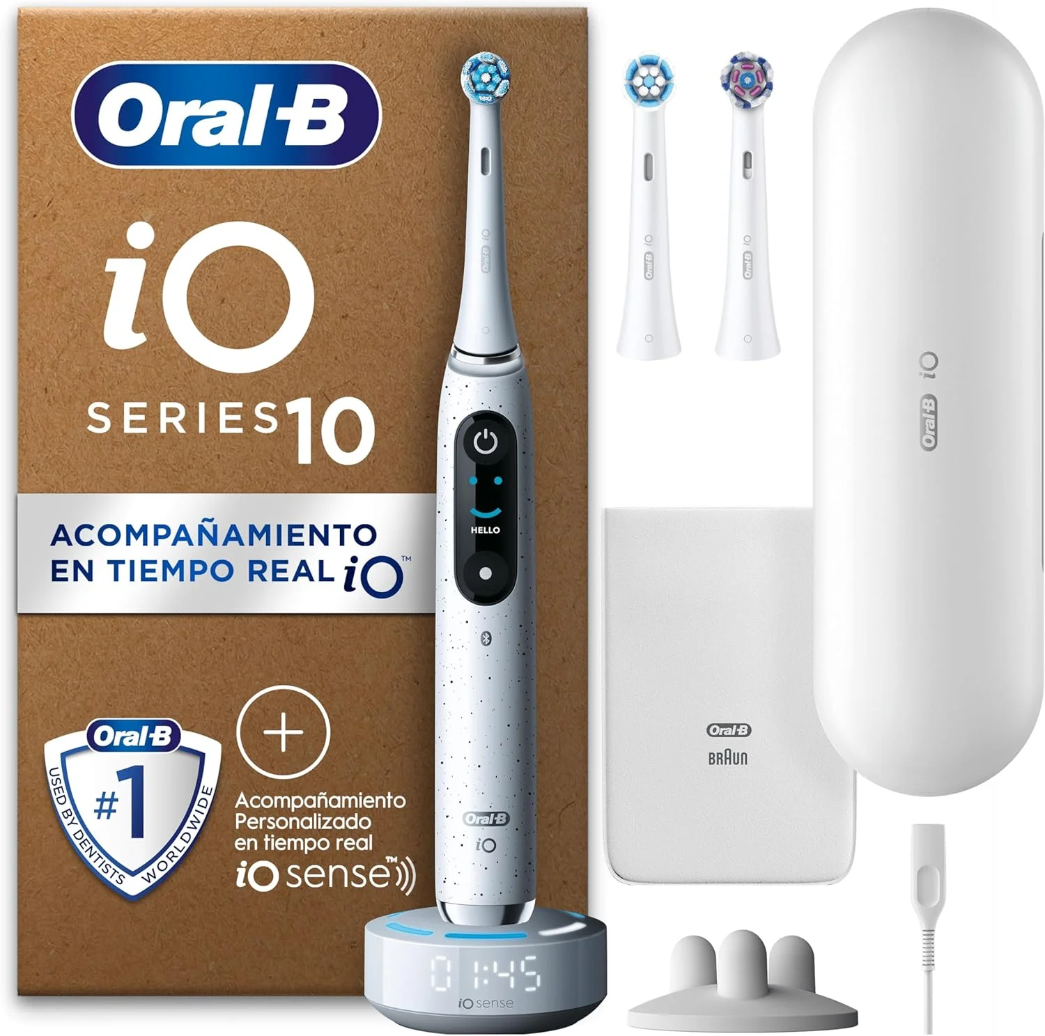 مسواک برقی Oral-B iO Series 10 Plus Edition، به همراه 3 عدد سری مسواک جایگزین، 7 حالت تمیز کردن برای مراقبت از دندان، جعبه مسافرتی شارژ، طراحی شده توسط Braun، سفید Stardust