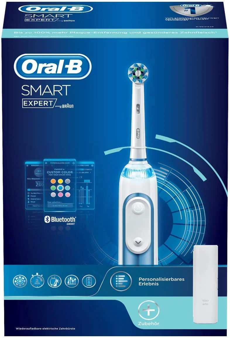 مسواک برقی هوشمند Oral-B Smart Expert با اپلیکیشن Smart Coaching برای نتایج بهتر تمیز کردن، 5 برنامه تمیز کردن، کنترل فشار 360 درجه بصری، تایمر و کیف مسافرتی، آبی