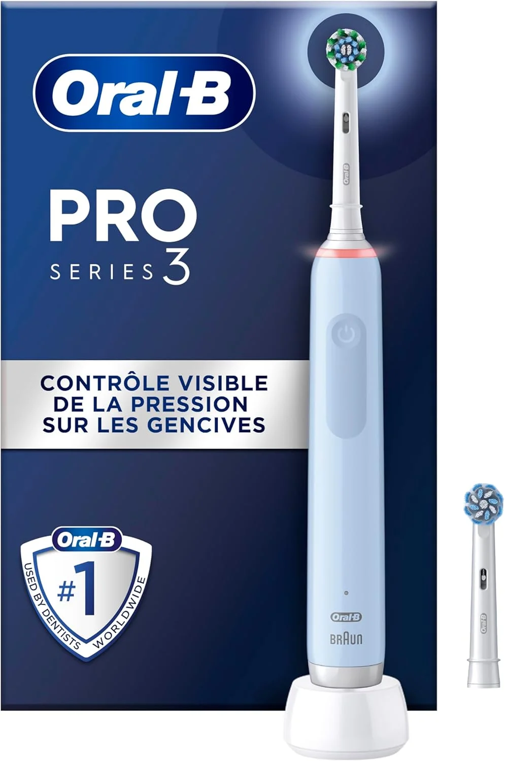مسواک برقی اورال-بی PRO 3 3000، دارای 2 سری یدک CrossAction، با 3 حالت تمیز کردن و کنترل فشار 360 درجه بصری برای مراقبت از دندان، هدیه برای آقایان/خانم ها، آبی، بسته 1 عددی