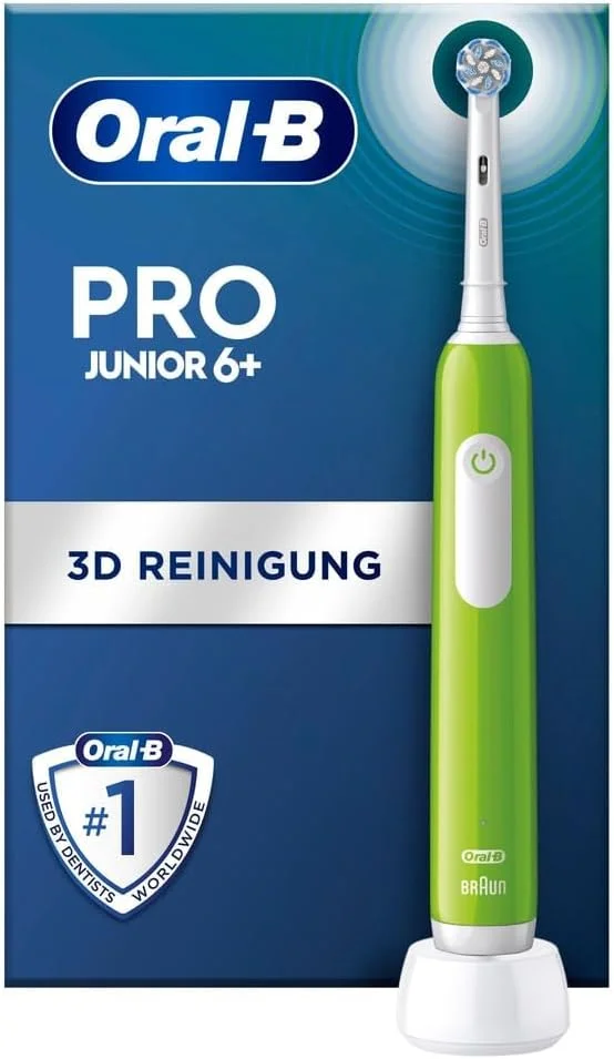 مسواک برقی کودکانه Oral-B Pro Junior مناسب کودکان بالای 6 سال، دارای سنسور فشار، 3 حالت تمیز کردن شامل حالت حساس برای مراقبت از دندان، برس های نرم و تایمر، طراحی شده توسط براون، سبز