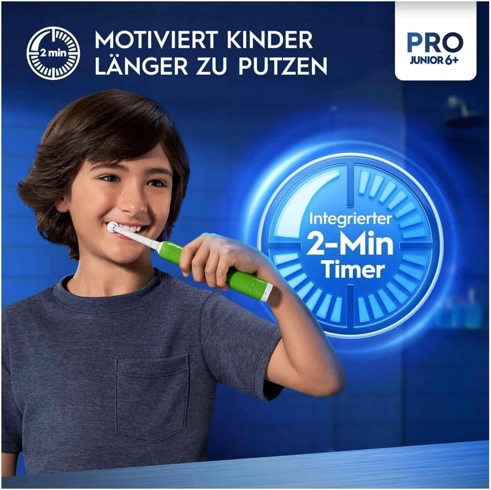 مسواک برقی کودکانه Oral-B Pro Junior مناسب کودکان بالای 6 سال، دارای سنسور فشار، 3 حالت تمیز کردن شامل حالت حساس برای مراقبت از دندان، برس های نرم و تایمر، طراحی شده توسط براون، سبز مسواک برقی کودکانه Oral-B Pro Junior مناسب کودکان بالای 6 سال، دارای سنسور فشار، 3 حالت تمیز کردن شامل حالت حساس برای مراقبت از دندان، برس های نرم و تایمر، طراحی شده توسط براون، سبز