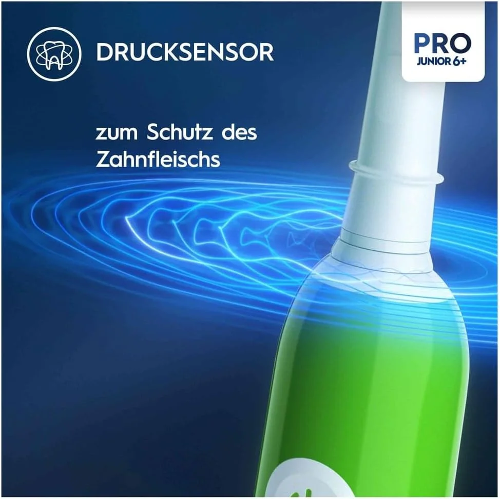 مسواک برقی کودکانه Oral-B Pro Junior مناسب کودکان بالای 6 سال، دارای سنسور فشار، 3 حالت تمیز کردن شامل حالت حساس برای مراقبت از دندان، برس های نرم و تایمر، طراحی شده توسط براون، سبز مسواک برقی کودکانه Oral-B Pro Junior مناسب کودکان بالای 6 سال، دارای سنسور فشار، 3 حالت تمیز کردن شامل حالت حساس برای مراقبت از دندان، برس های نرم و تایمر، طراحی شده توسط براون، سبز