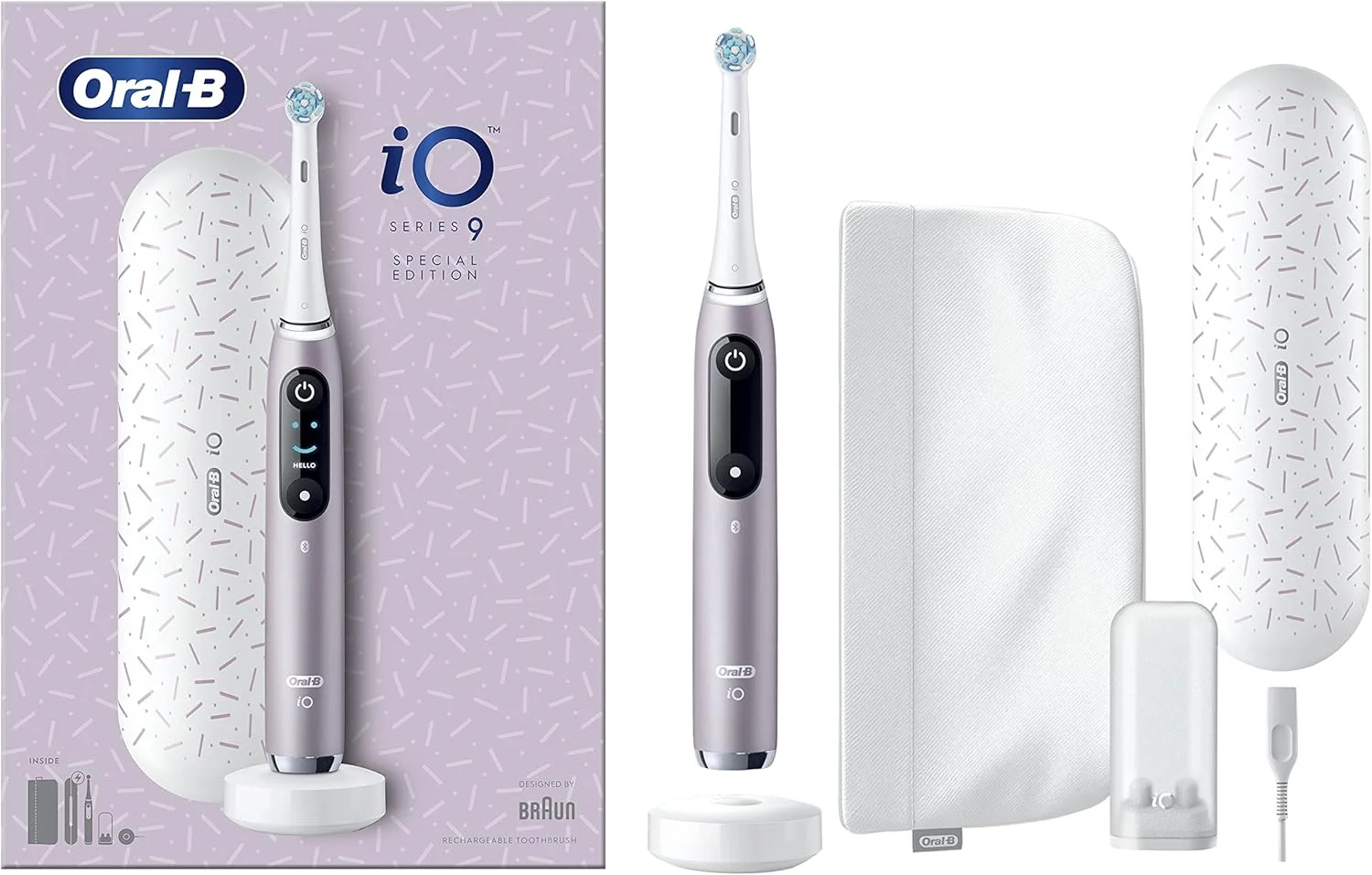 مسواک برقی Oral-B iO Series 9، نسخه ویژه، همراه با اپلیکیشن موبایل Oral-B، با فناوری Magnet iO، کیف مسافرتی با عملکرد شارژ، کیف لوازم آرایشی، صورتی کوارتز