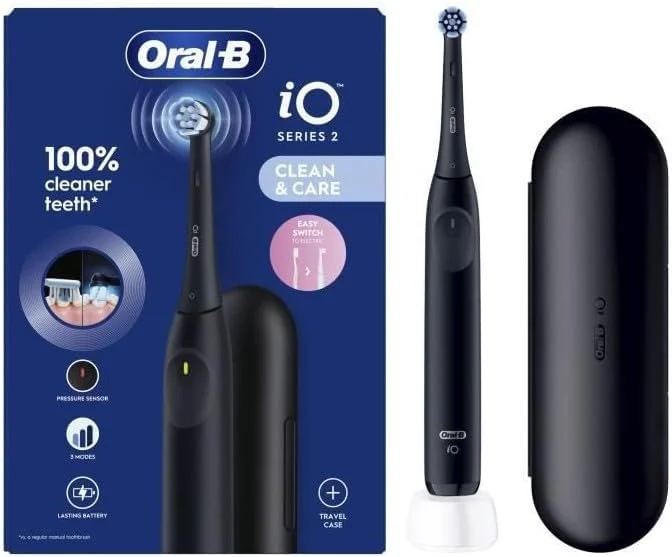 مسواک برقی مشکی Oral-B iO 2، دارای 3 حالت تمیز کردن، برس نرم و بی صدا، حسگر فشار، برس جایگزین Oral B، شارژر، کیف مسافرتی