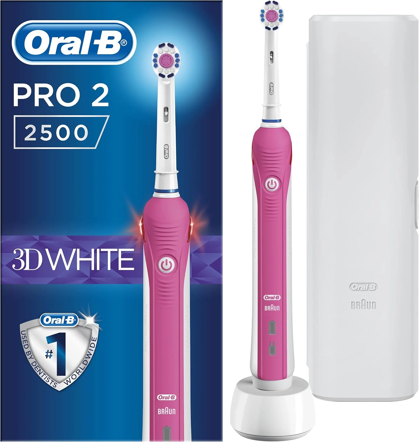 مسواک برقی شارژی Oral-B Pro 2500 3D White با کیف مسافرتی، طراحی شده توسط Braun - صورتی - همراه با دوشاخه 2 پین بریتانیایی