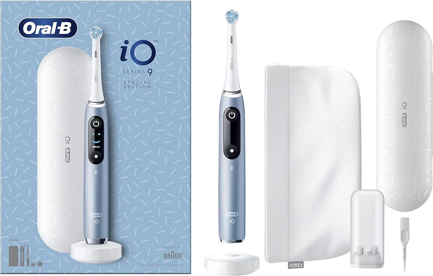 مسواک برقی Oral-B iO Series 9، نسخه ویژه، همراه با اپلیکیشن موبایل Oral-B، با Magnet iO، کیف مسافرتی با عملکرد شارژ، کیف لوازم آرایشی، آبی