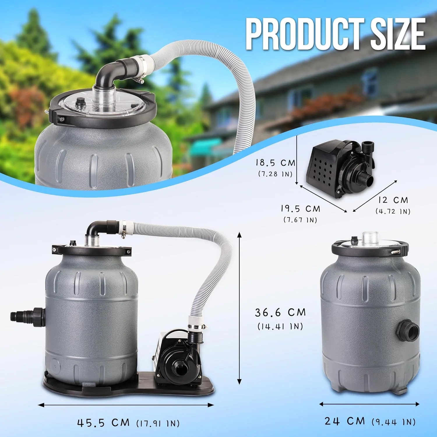 پمپ فیلتر استخر HOCANFLO برای استخرهای شنای داخل/روی زمین، حداکثر 4500 لیتر در ساعت، گردش آب پیشرفته برای آب شفاف کریستالی، سیستم پمپ فیلتر استخر با توپ های فیلتر، کنترل تک دکمه ای، عملکرد آسان