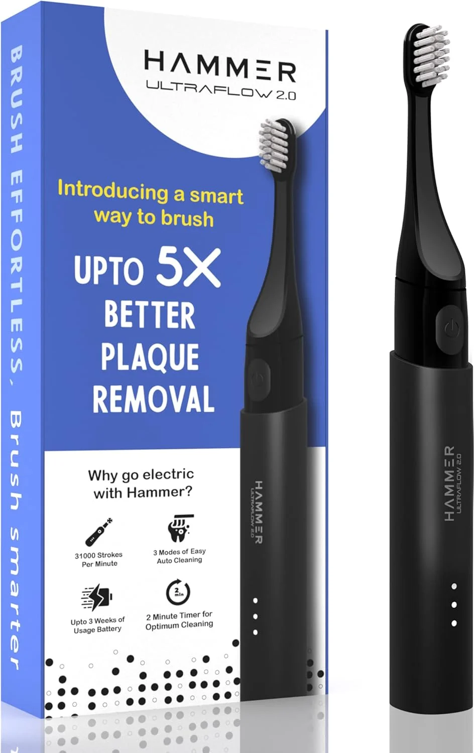 مسواک برقی Hammer Ultra Flow 2.0 به همراه 2 سری قابل تعویض برای بزرگسالان، آقایان و بانوان، 3 حالت مسواک زدن، باتری قابل شارژ، ضد آب، برس های فوق العاده نرم، مسواک برقی (مشکی) مسواک برقی Hammer Ultra Flow 2.0 به همراه 2 سری قابل تعویض برای بزرگسالان، آقایان و بانوان، 3 حالت مسواک زدن، باتری قابل شارژ، ضد آب، برس های فوق العاده نرم، مسواک برقی (مشکی)