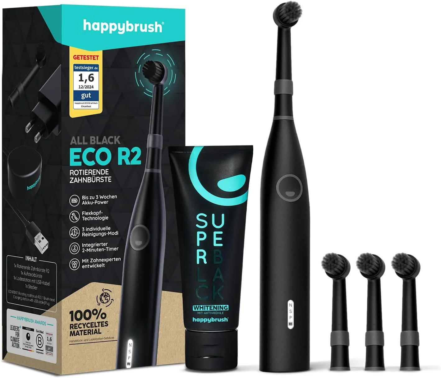happybrush® Electric Toothbrush Eco R2 - Sustainable Rotating Toothbrush with Power Battery Including 3 Replacement Toothbrush Heads and Toothpaste - AllBlack