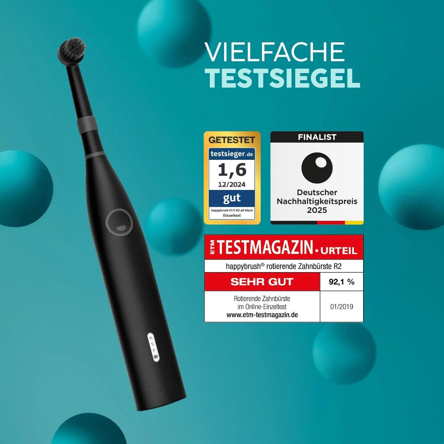 happybrush® Electric Toothbrush Eco R2 - Sustainable Rotating Toothbrush with Power Battery Including 3 Replacement Toothbrush Heads and Toothpaste - AllBlack happybrush® Electric Toothbrush Eco R2 - Sustainable Rotating Toothbrush with Power Battery Including 3 Replacement Toothbrush Heads and Toothpaste - AllBlack