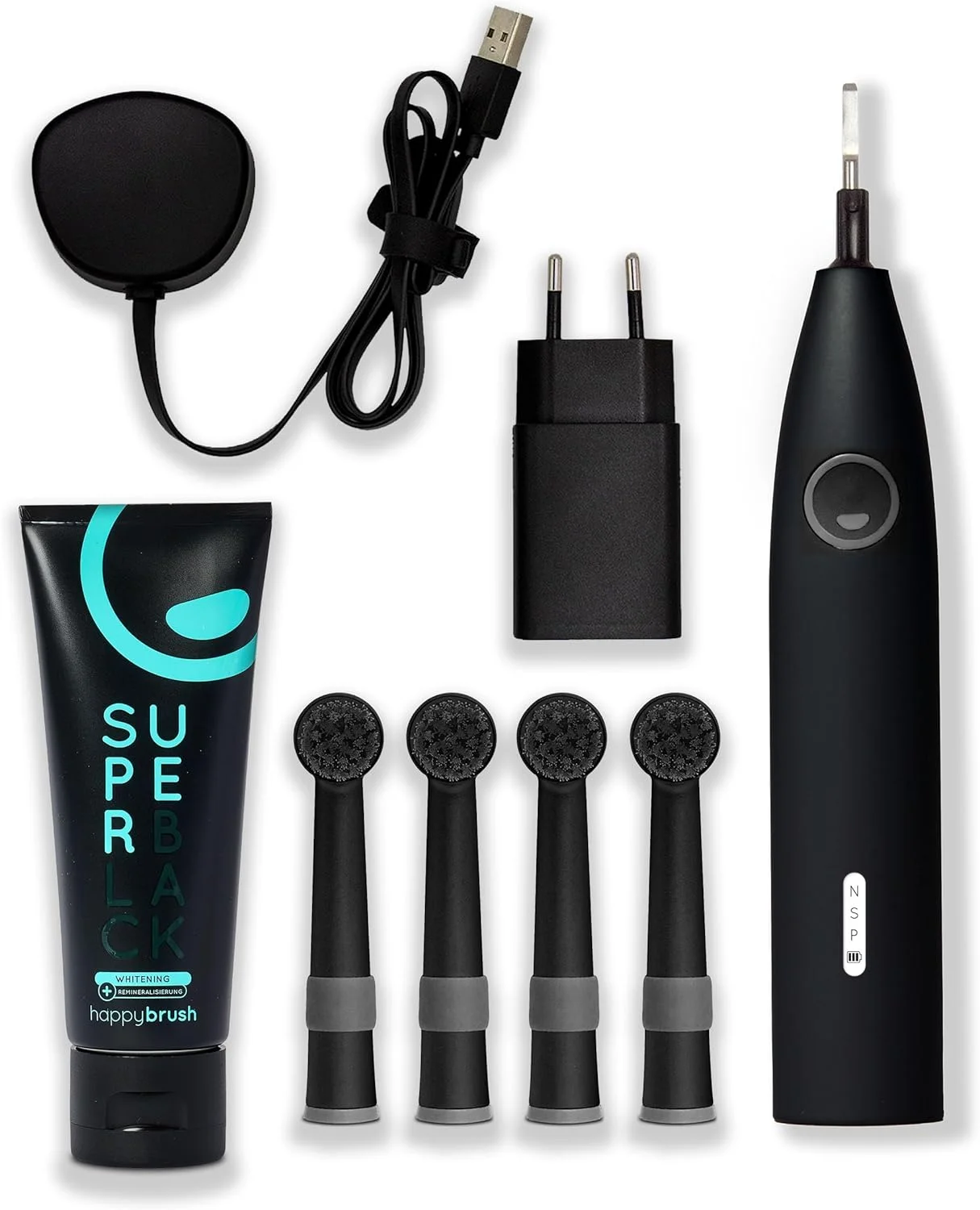 happybrush® Electric Toothbrush Eco R2 - Sustainable Rotating Toothbrush with Power Battery Including 3 Replacement Toothbrush Heads and Toothpaste - AllBlack happybrush® Electric Toothbrush Eco R2 - Sustainable Rotating Toothbrush with Power Battery Including 3 Replacement Toothbrush Heads and Toothpaste - AllBlack
